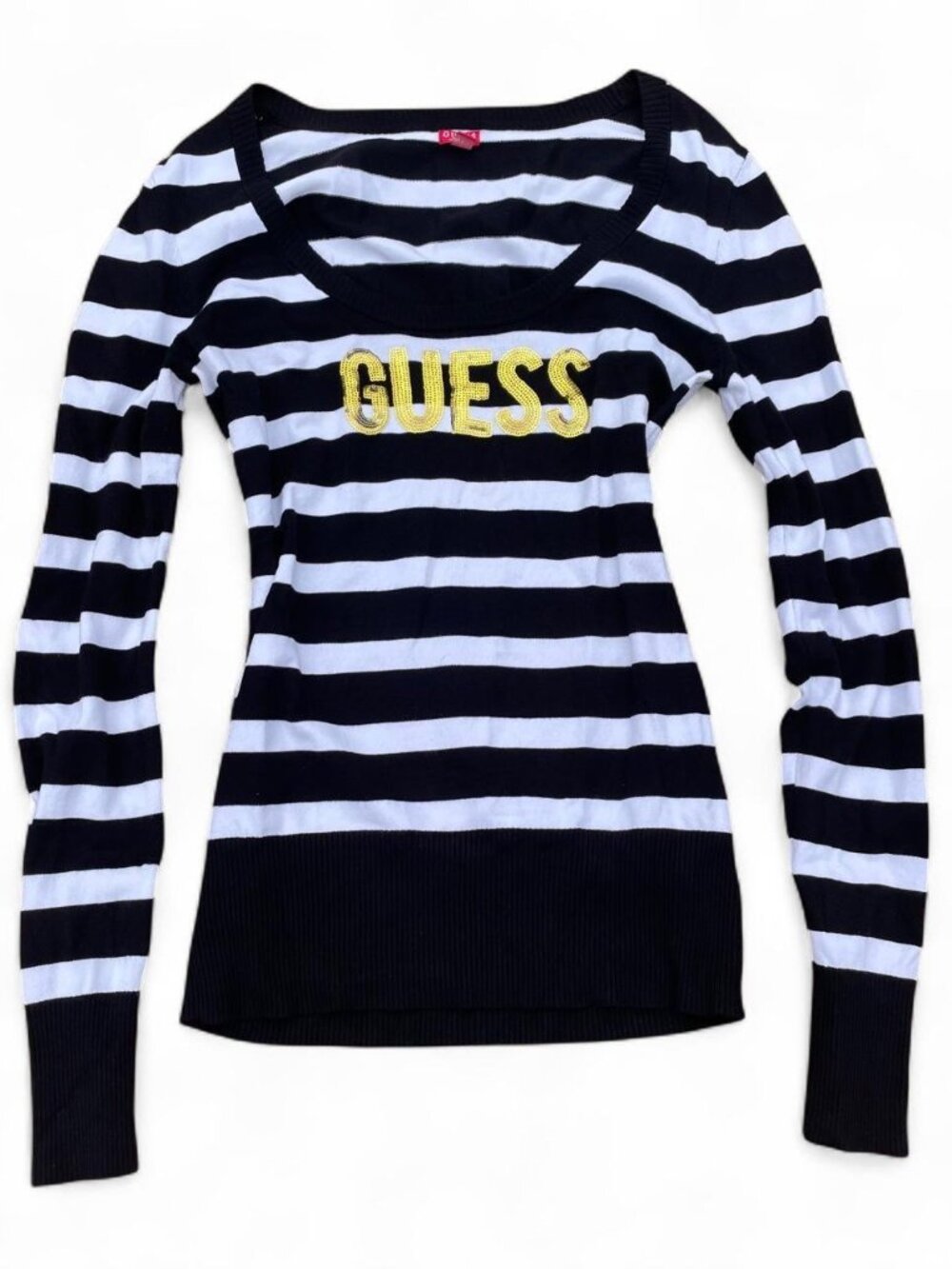 GUESS Black & White Striped Top with Gold Logo